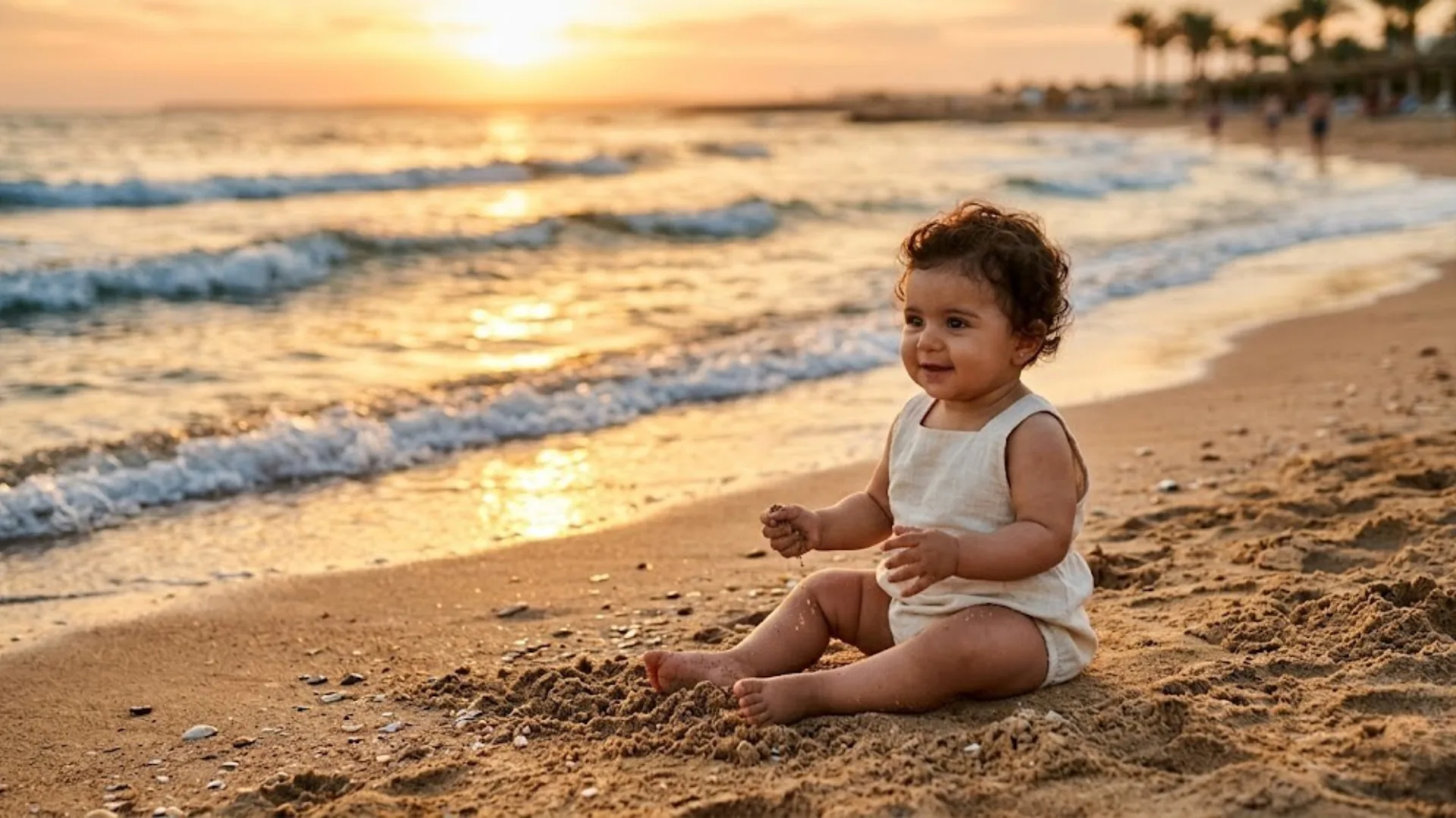 AI-generated baby sitting on sandy beach with soft waves in the background and golden sunlight reflecting on water